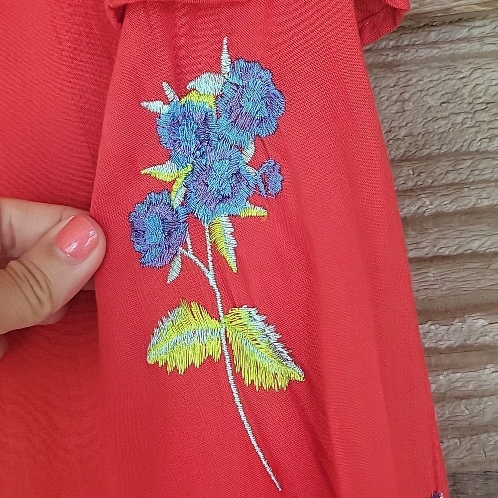 Asos Size 6 Red Mini Dress with Bell Sleeves and Floral Embroidery - Picture 3 of 6